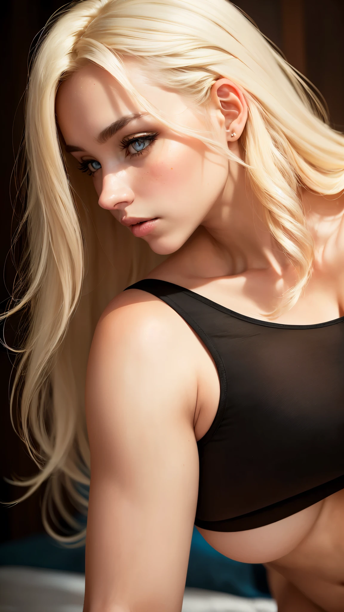 --ar 9:16, (dynamic lighting), (realism), (depth of field), (UHD), (32k), (Mastepiece), (highres, high resolution), (Advanced facial details:1), (natural skin:1.3), (DSLR), (soft lighting), (high quality), (finely detailed face), (top quality), (Best Quality), (((medium full shot:1.5))), (platinum blond hair:1.5), (((Wide field of view))), (photorealistic:1.4), (hyperrealistic:1.4), (smoother sunset lighting:1.05), (Centered), (increase Fujicolor quality:0.9), ((Full-length portrait)), ((alena aenami:1)), (((extreme close up, full face shot:1.333))), (best quality, 4k, 8k, high-res, masterpiece:1.2), ultra-detailed, (realistic, photorealistic, photo-realistic:1.37), (beautiful detailed eyes, beautiful detailed lips, extremely detailed eyes and face), studio lighting, physically-based rendering, vivid colors, (big tits, super big tits, super extra big , glamorous body), (black tank top:1.2), (portrait, long black straight hair, shiny hair, shiny skin), (blurred background), (tilt your head to the side:1.5), (portrait, profile:1.5),