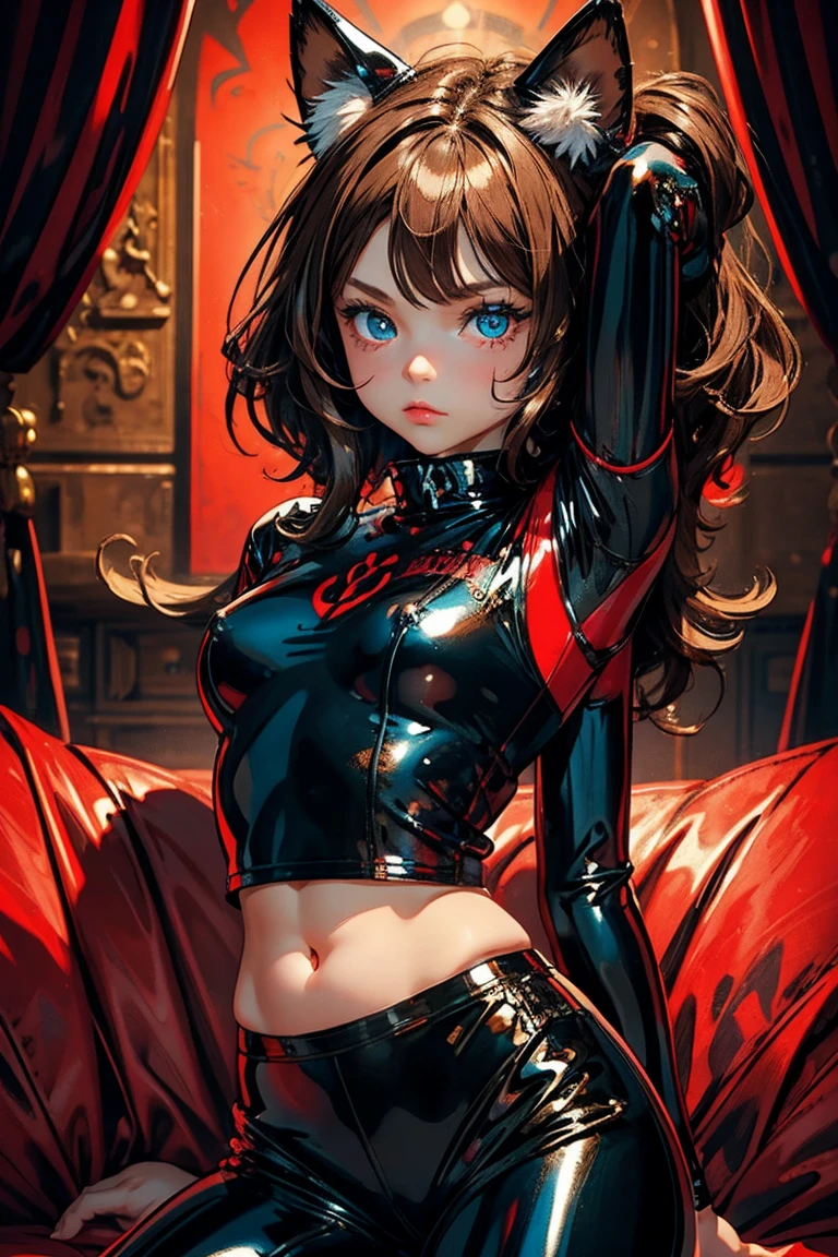 masterpiece; best quality; cute young girl, 8 jahre alt, brown fluffy hair, detailed eyes, one eye azure one eye red, wearing latex cat outfit consisting of black latex top and latex shorts; wrinkles, belly button, almost naked