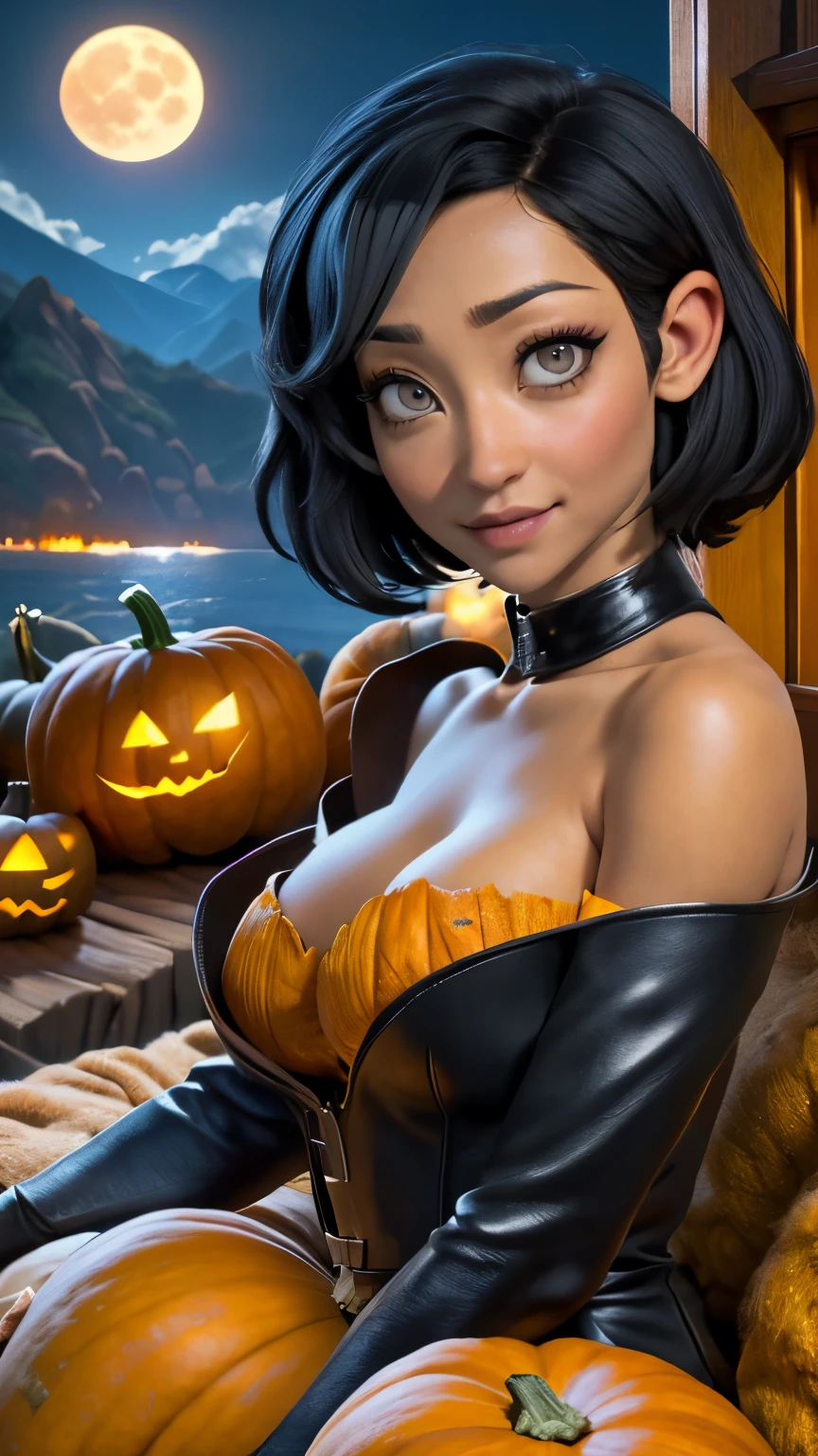 Ruth Negga,((( masterpiece ))),((The best quality))), ( Big breasts, pointed ears:1.3, Long, wide and heavy falling ),( Vulcan girl sitting in a pumpkin wagon in the mountains）, ((shoulder length straight black hair:1.3)) ，Halloween Blue Night , super realistic, Pumpkin carriages bright orange , （big moon）， ((Pumpkins around her:1.2)), pumpkin on the mountain , cloudy, detailed art, cinematic art , 24K Ultra HD resolution , blurred background, hyper-high detail
