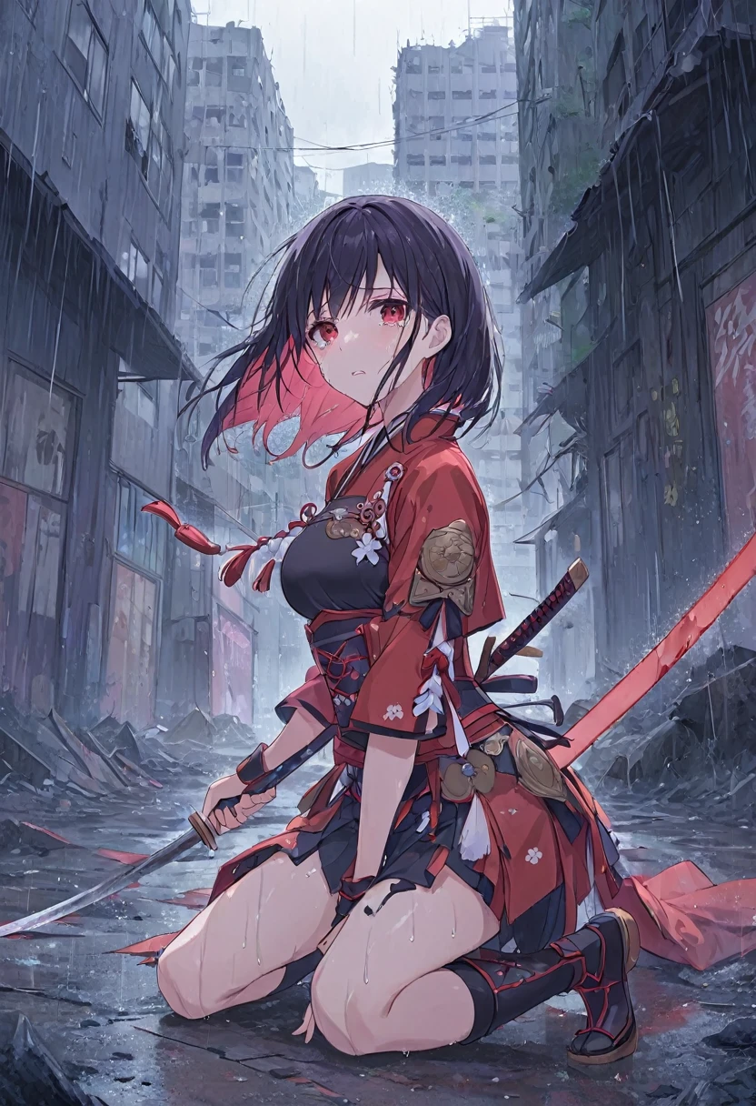 ((Anime))、pastel、 woman,warrior,Red Japanese style armor,Stick the sword into the ground, Get down on one knee  ,Give in,,red eyes,  without highlights  ,tears,In the Rain,In an abandoned city ,Collapse