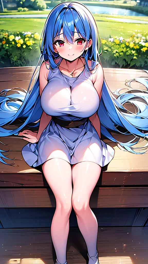 ( highest quality, 8k, 32K, masterpiece,  ultra high resolution:1.2), young energetic girl, Petite body, blue hair long hair, dq3 sage,  white skin,  elementary school students, happy, happy smile, sexual temptation, Huge breasts, Thick legs, Leg spread