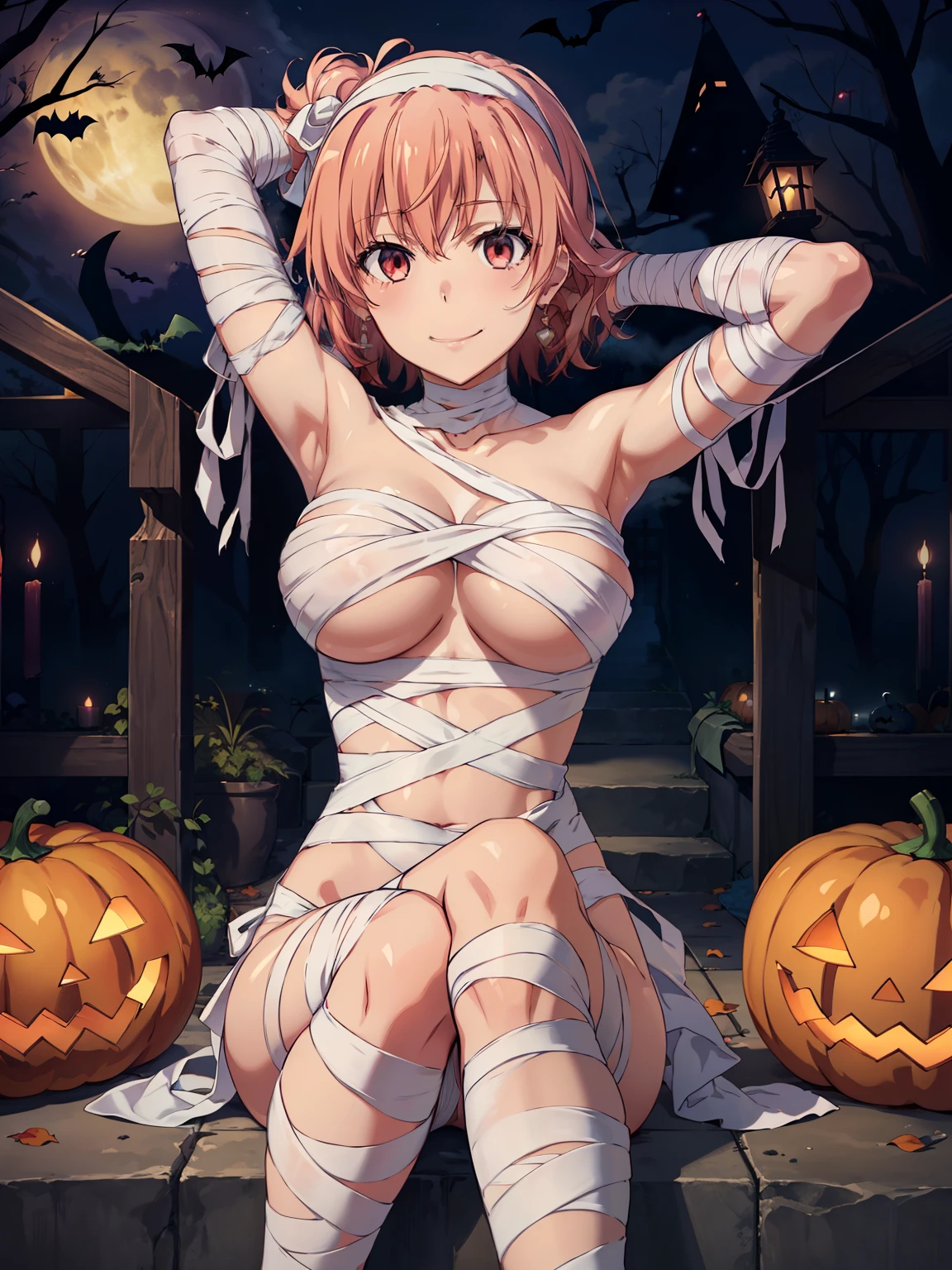 ((Best Quality,  high resolution,   perfect pixel,  4K)),  ( beautiful anime girl ),  depth of field 、

yuigahama yui,　Big Breasts、

mummy
naked bandages
bandaged arms, bandaged, Legs, BANDAGED HEAD

beautiful anime girl smiling 、

dark、night、 Halloween、 pumpkin、