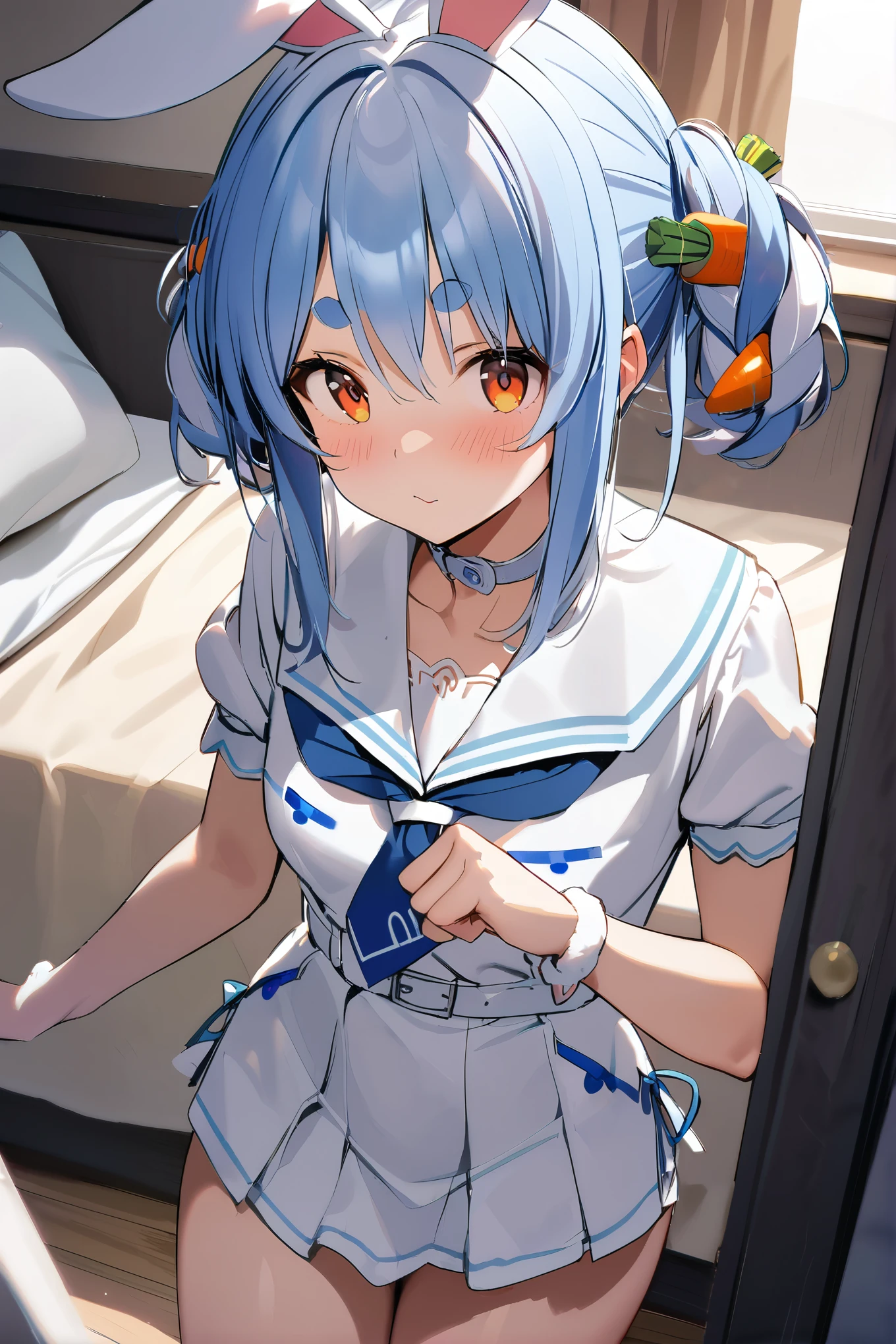 NSFW,masterpiece,Best Quality, high resolution, very detailed,Usada Pekora \( Hololive \),Orange eyes、 thick eyebrows、Bunny ears、blue hair、 short hair、 two side up 、Hair Clip、White choker、 sailor suit、Short dress、Short sleeve、 blue neckerchief、White belt, girl's room