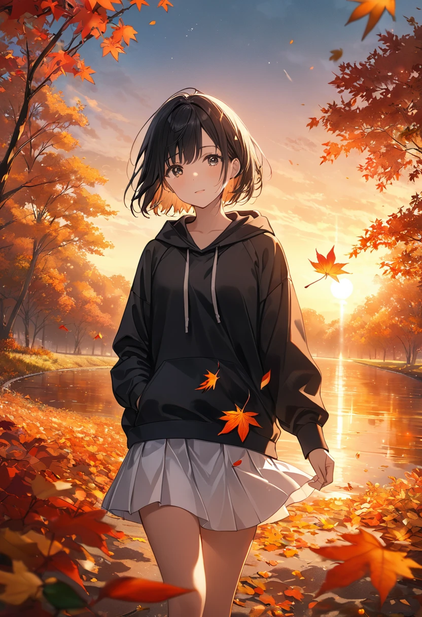 anime、(( Surprisingly Absurd )),(masterpiece:1.2),超 high resolution,  Attention to Details , High image quality,  high resolution, 最High image quality, 4K, 8k、Woman holding a leaf in her hand、autumn leavesの並木、 standing alone、 crying、autumn leaves、red、orange、Illuminate、Hope is the theme、Emphasis on women、short hair、Black Hair、 black hoodie、 white miniskirt 、A gentle face、Look this way、kind、sunset、Leaves are scattered