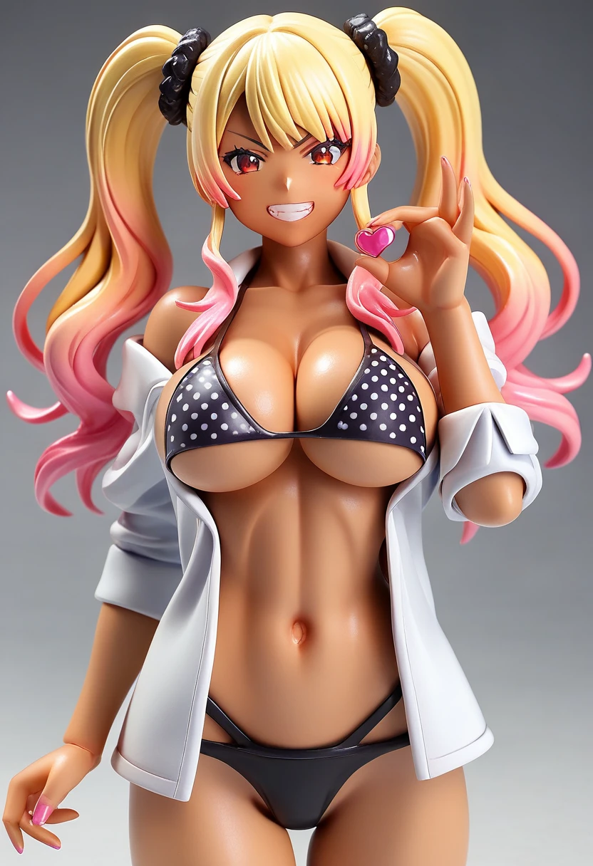 figure, score_9, score_8_up, score_7_up, source_anime BREAK 1girl, solo, dark-skinned famale, gyaru, open shirt, white shirt, bare shoulders, black bikini, colorful polka dot bikini, heart-shaped eyewear, large breasts, under boob, blonde hair, gradient hair, pink hair, long hair, twintails, black hair scrunchie, red eyes, looking at you, grin, open mouth, dynamic pose, 