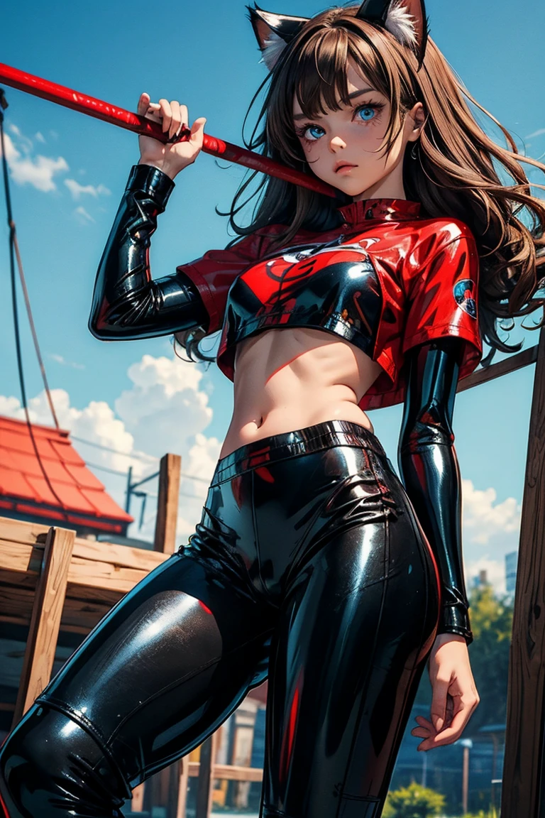 masterpiece; best quality; cute young girl, 16 jahre alt, brown fluffy hair, detailed eyes, one eye azure one eye red, wearing cat outfit consisting of black latex top and puffy sport shorts and a whip; detailed wrinkles in outfit, belly button, almost naked