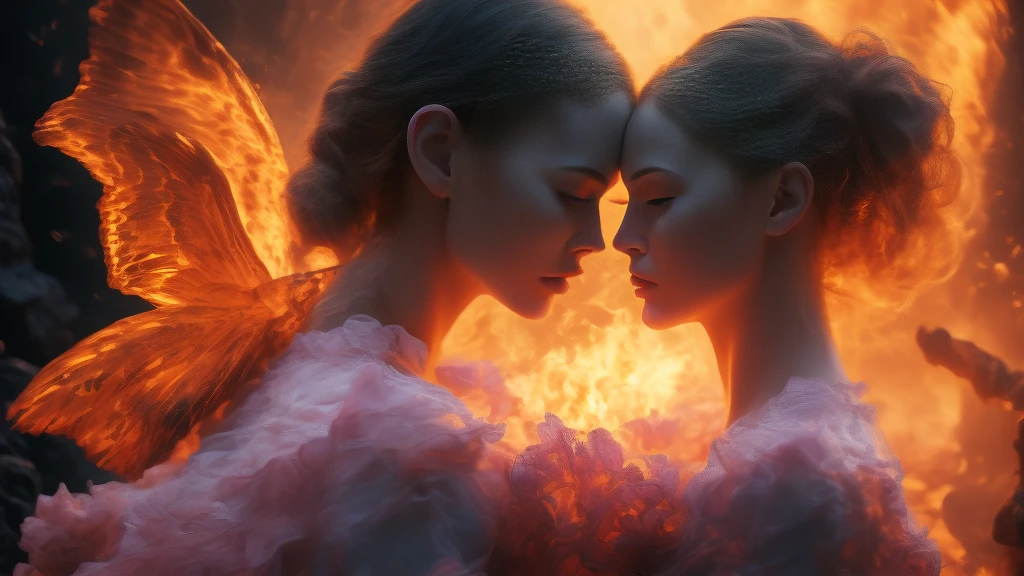 masterpiece，best quality，Extremely detailed，high resolution，1 romantic couple，Flame，Dynamic Scene Scale 1.3，Romantic couple kissing in the fire，Firestorm，on fire，Bizarre fantasy image，Excellent skin texture，Magic Circle，Casting a Spell，strange，Purple strength，strength，fiery，meteor。