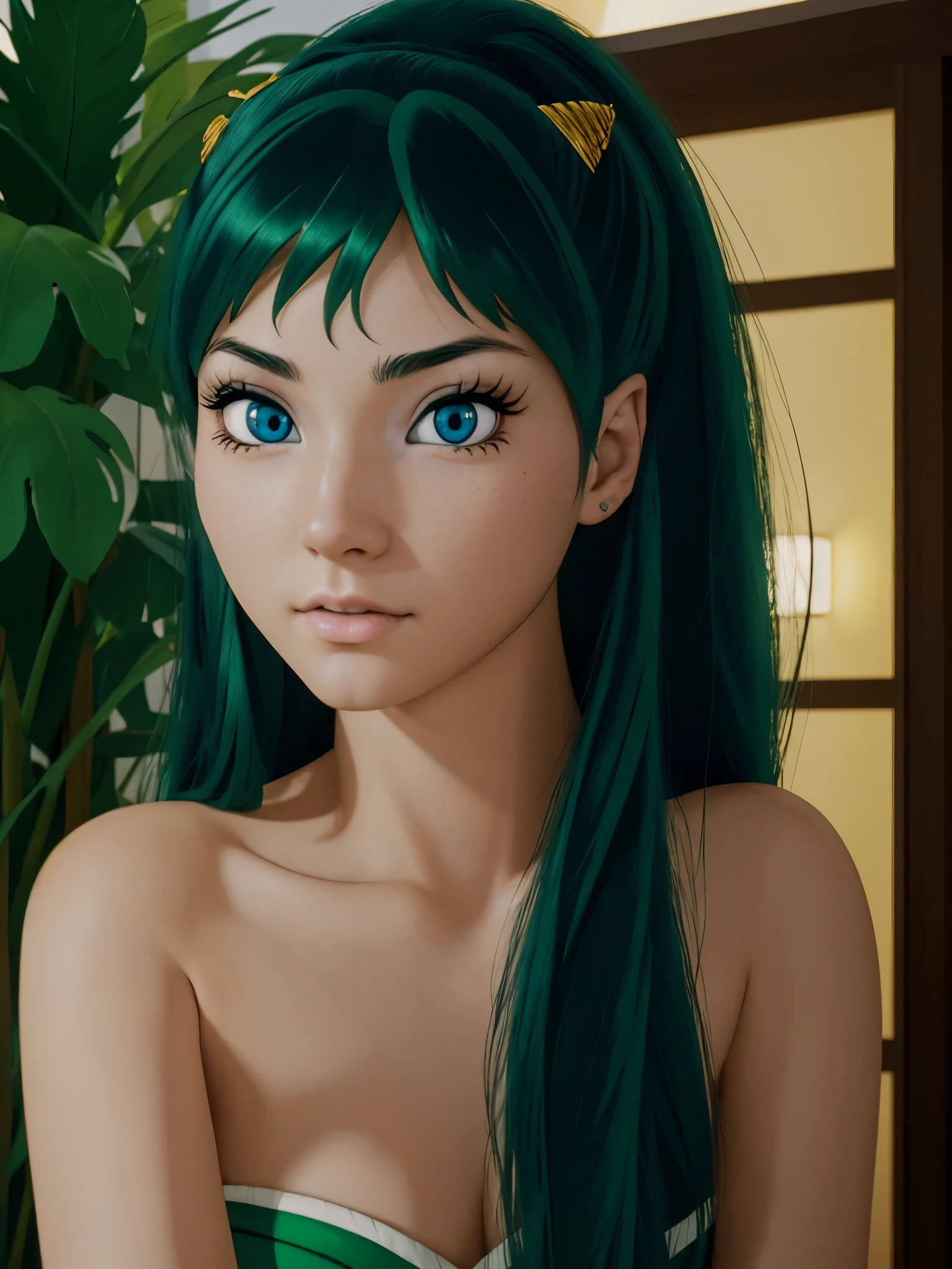 18 years old Lum Urusei Yatsura, detailed portrait, realistic, photorealistic, blue eyes, beautiful detailed face, extremely detailed eyes and face, longeyelashes, intricate details, highly detailed, 8k, ultra-detailed, masterpiece, studio lighting, physically-based rendering, vivid colors, cinematic lighting