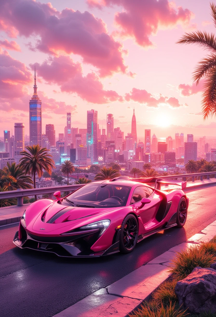 A {white|black|red|blue|pink) car is parked by the road :: pink sunset and city in the background :: 1980 :: Luxyry style :: Hyperdetailed : Ultra realistic :: cinematic :: Neon lighting :: Unreal engine :: RTX --ar 2:3, (VAZ2113),  