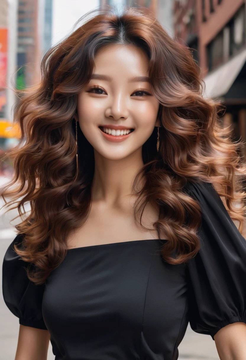 a korean model woman wearing black puffsleeves top, with long brown hair in big curls, she is facing the front and smiling towards the camera, zooming in her face, the background should be streets in new york city, realistic, warm colors