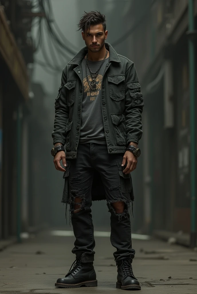 " A man with a style Urbano Alternativo wears a dark green overshirt with a distressed texture,  open and on a black straight-cut t-shirt with a small graphic logo in the chest .  The pants are made of tight black denim with slight tears on the knees , that add a grunge touch to the outfit . As accessories,  he wears a leather belt with a metal buckle and several chains hanging from the belt ,  as well as leather bracelets and a metallic choker on the neck . on the feet,  wears black military-style boots with buckle details ,  perfect for an urban and functional look . His expression is serious,  projecting an air of confidence and street style ."

