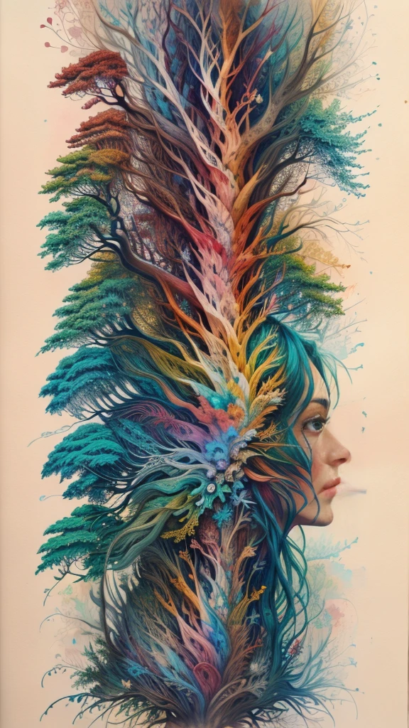 colorhalf00d,, top-down view of a claire danes, woman half forest, watercolor style