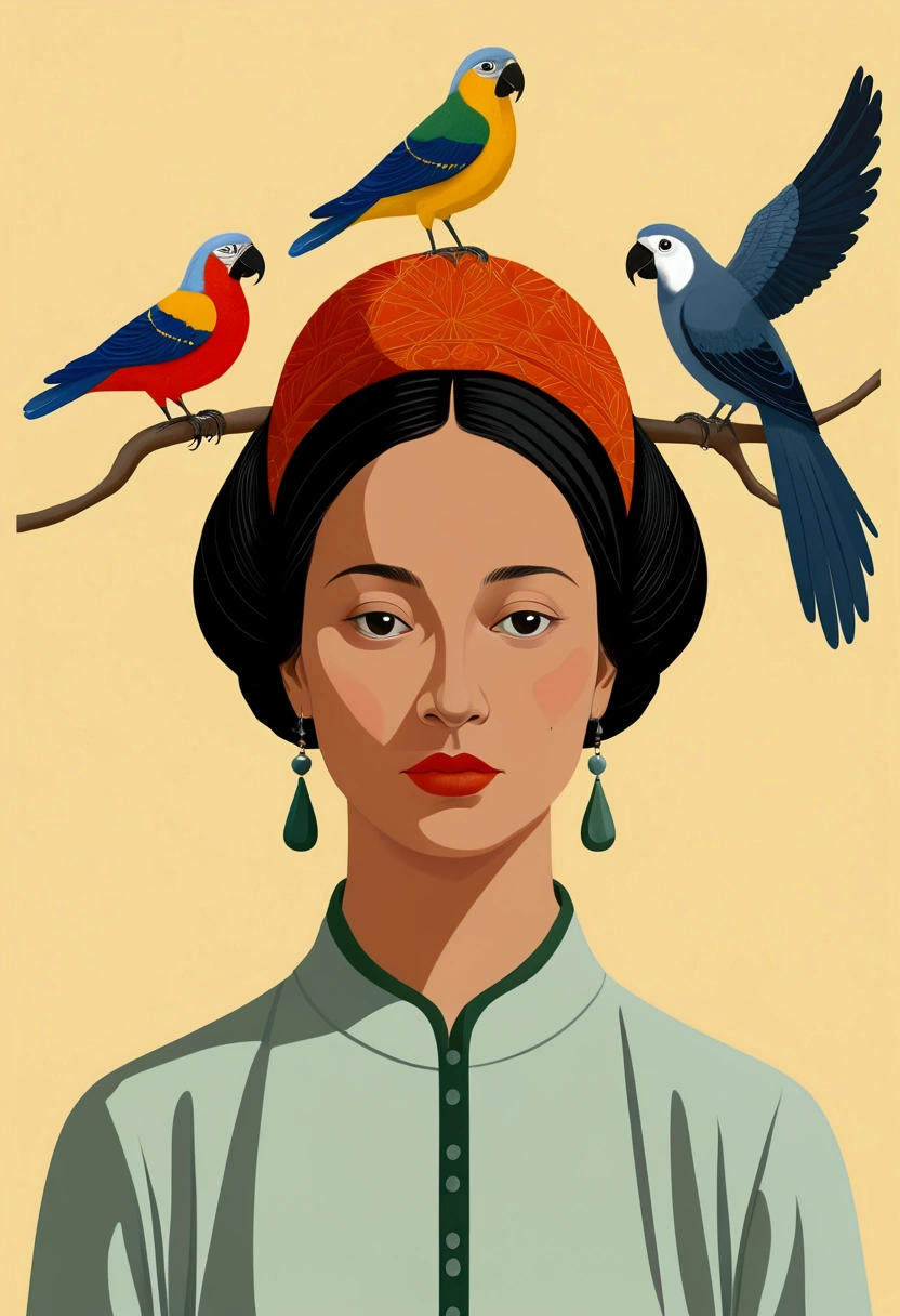 there is a drawing of a woman with a bird on her head, there are birds on her head, parrot on head, inspired by Will Barnet, procreate illustration, solo portrait, inspired by Johannes Vermeer, bird poo on head, illustration!, inspired by Alex Katz, digital illustration, by Jeka Kemp, inspired by Vermeer，yaoye