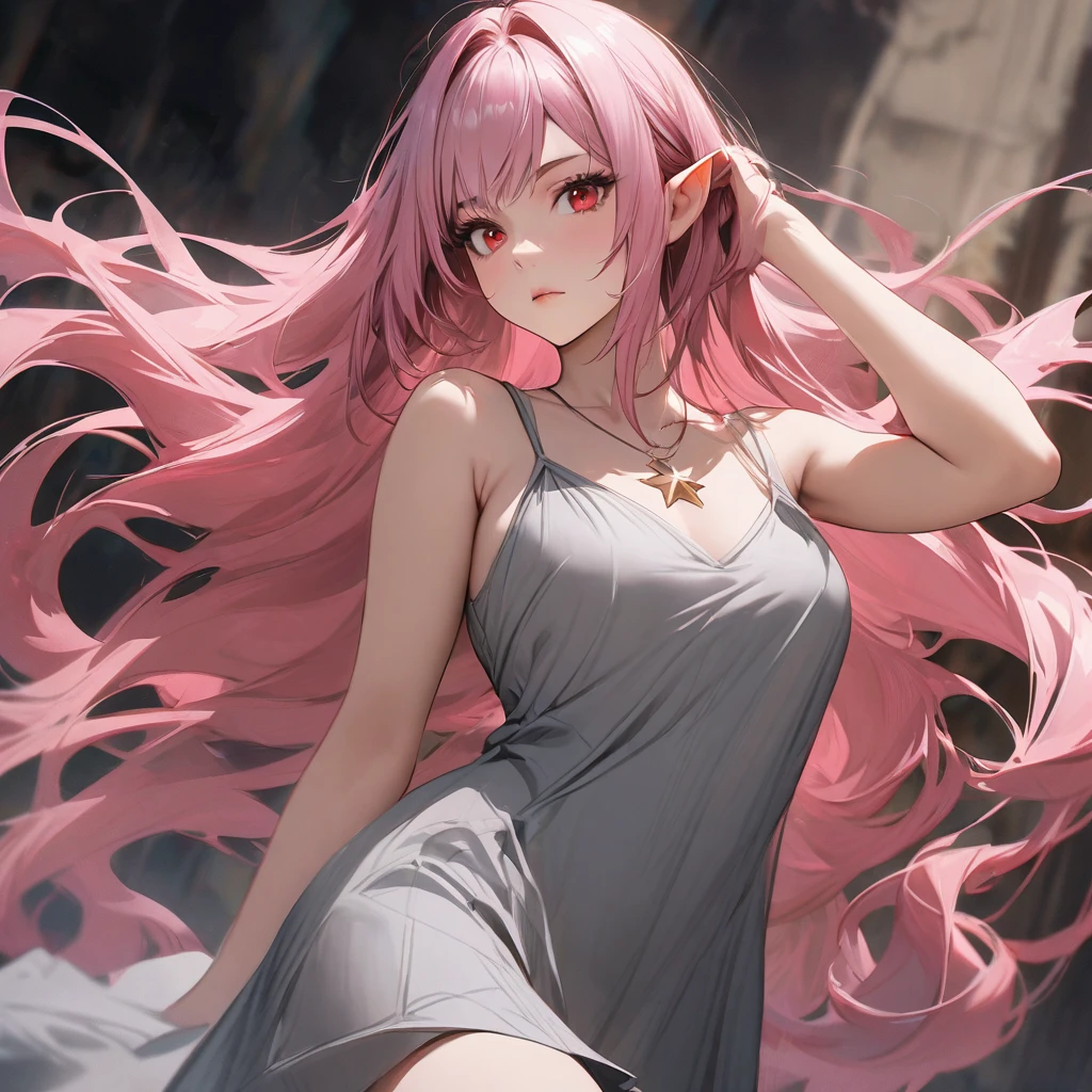 elf, young woman ,grey sundress , star pendant ,  pink hair,  very long hair ,  red and crimson eyes,  high quality, realism, Elegant pose
