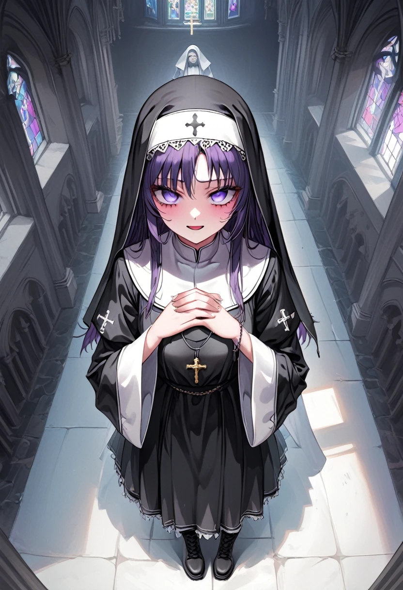 (1girl:1.4, , loli, 1 nun ,  1 sister, Monastic Clothes, Detailed skin, Beautiful Hair,  high definition), Gothic,  yandere:1.2, Yandere:1.2, Confused eyes, purple eyes:1.2,  sick expression, empty eyes, longeyelashes, crazy, Veil, Lace-up boots, Clenching one’s fists, Rosary, prayer, cathedral, Solemn, whole body:1.3, from above, from below:1.3