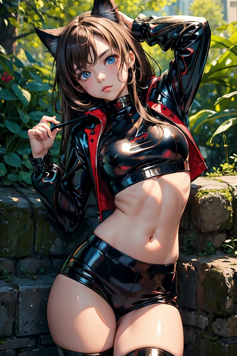 masterpiece; best quality; cute young girl, 16 jahre alt, brown fluffy hair, detailed eyes, one eye azure one eye red, wearing cat outfit consisting of black latex top and puffy sport shorts and a whip; detailed wrinkles in outfit, belly button, almost naked