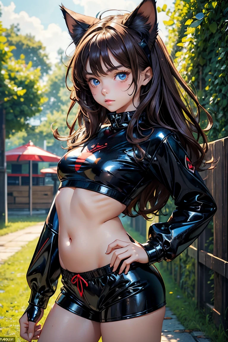 masterpiece; best quality; cute young girl, 16 jahre alt, brown fluffy hair, detailed eyes, one eye azure one eye red, wearing cat outfit consisting of black latex top and puffy sport shorts and a whip; detailed wrinkles in outfit, belly button, almost naked