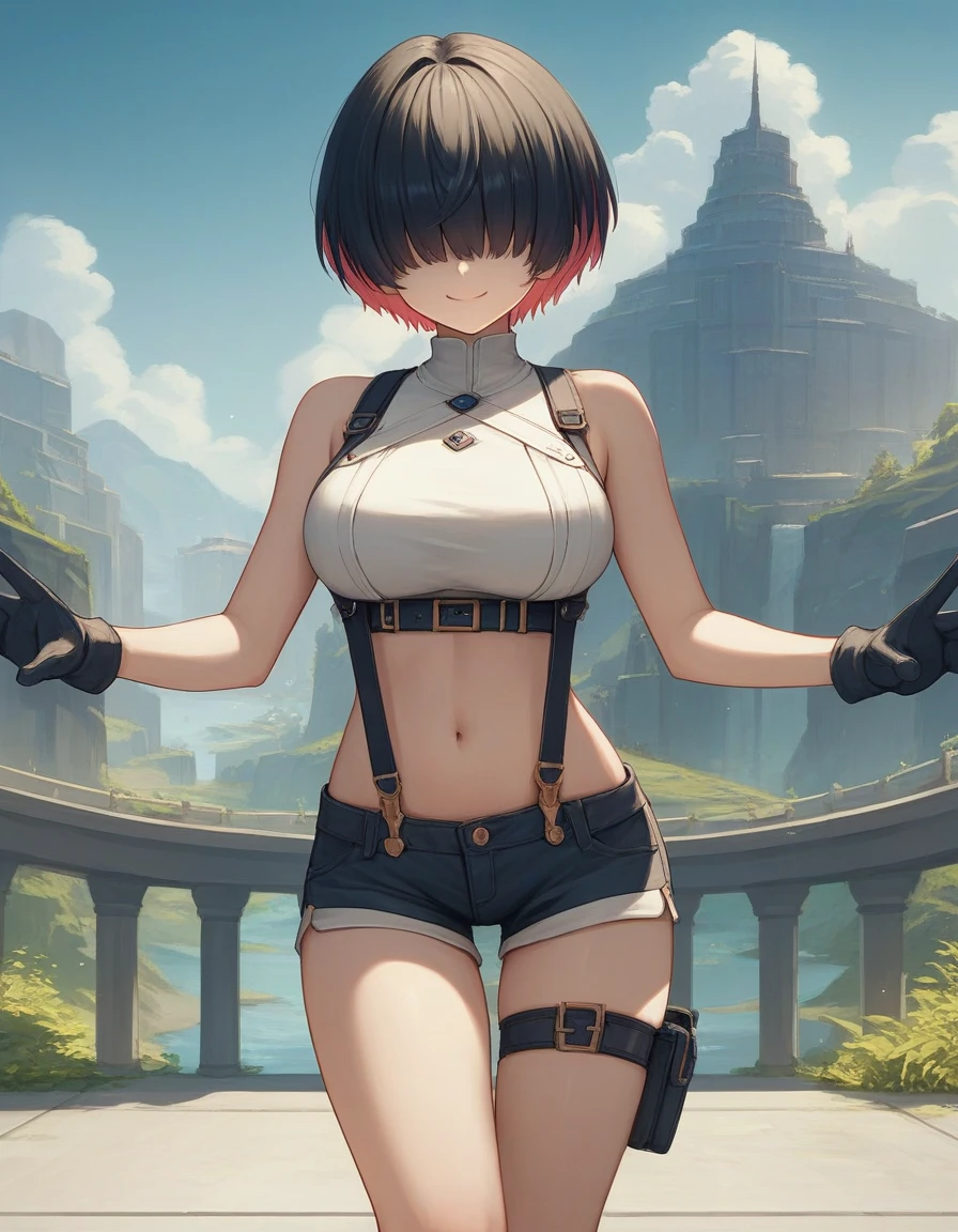 masterpiece, best quality, integrated scenery, integrated background, extremely delicate and beautiful, meticulous details, good composition, , cute face, perfect face, perfect hands ,score_9, score_8_up, score_7_up, source_anime BREAK 1teen_girl, solo, elegg, short_hair, bangs, hair_intakes, multicolored hair, hair over eyes, crop top, bare shoulders, suspenders, midriff, navel, short shorts, thigh strap, gloves, large breasts,smile,rise_arms,