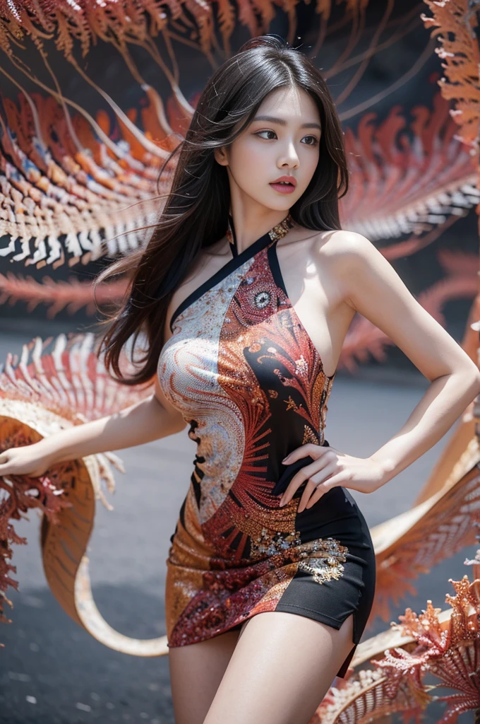 thisfficial Art,   unified 8k wallpaper ,  Super Detailed ,  beautiful and beautiful , masterpiece, best quality, (Winding painting, Dispute , aperture), (fractal art: 1.4), 1 female, black hair, China人,  bare shoulder , Short skirt, calf, umbilical cord,   Very Fine  ,  dynamic angle,   cowboy shooting , ( The most beautiful Chaos Forms), flow, ( Vibrant colors ), this&#39;Casey , (half: 1.2), China, ( Flying Tentangka : 1.5), (ribbon: 1.3), (dream: 1.5), (Hanfu: 1.5), China人 dragon, China人 phoenix, (Smile: 0.5), (China人 deity),