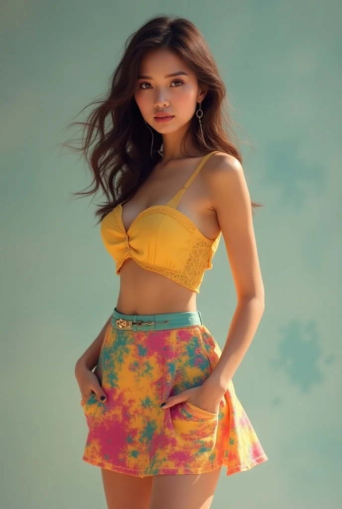 Graphic illustration, vector illustration, ((oil painting, oil brush stroke)), drawing a portrait of a maiden, lens eyes)), pink clouds in the turquoise sky. Girly brown curly hair, yellow skirt, warm color scheme, thick lips, big pale green eyes, (gentle smile: 1.5), huge breasts, thin waist, navel, crotch gap, thighs, bewitching, sexy, up to 4 The relationship between the fingers and one thumb, the well-balanced figure with the length of seven heads, the oil brush stroke, the delicate hair, (the wind is blowing: 1.5), the messy hair: 1.3), the exposed skin Many costumes, sweet colors, illustration style, fairy portraits, fantasy portraits,