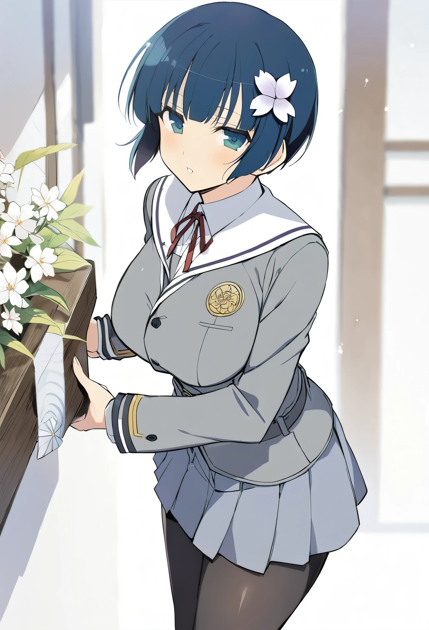 masterpiece, best quality, 
yozakura (senran kagura), 1girl, solo, short hair, blue hair, blue eyes, large breasts, hair ornament, hair flower, 
flower, emblem, 
white background, looking at viewer, 

Yozakura_School, , white sailor collar, grey jacket, black buttons, grey skirt, skirt frills, neck ribbon, grey belt, black pantyhose, grey loafers, 