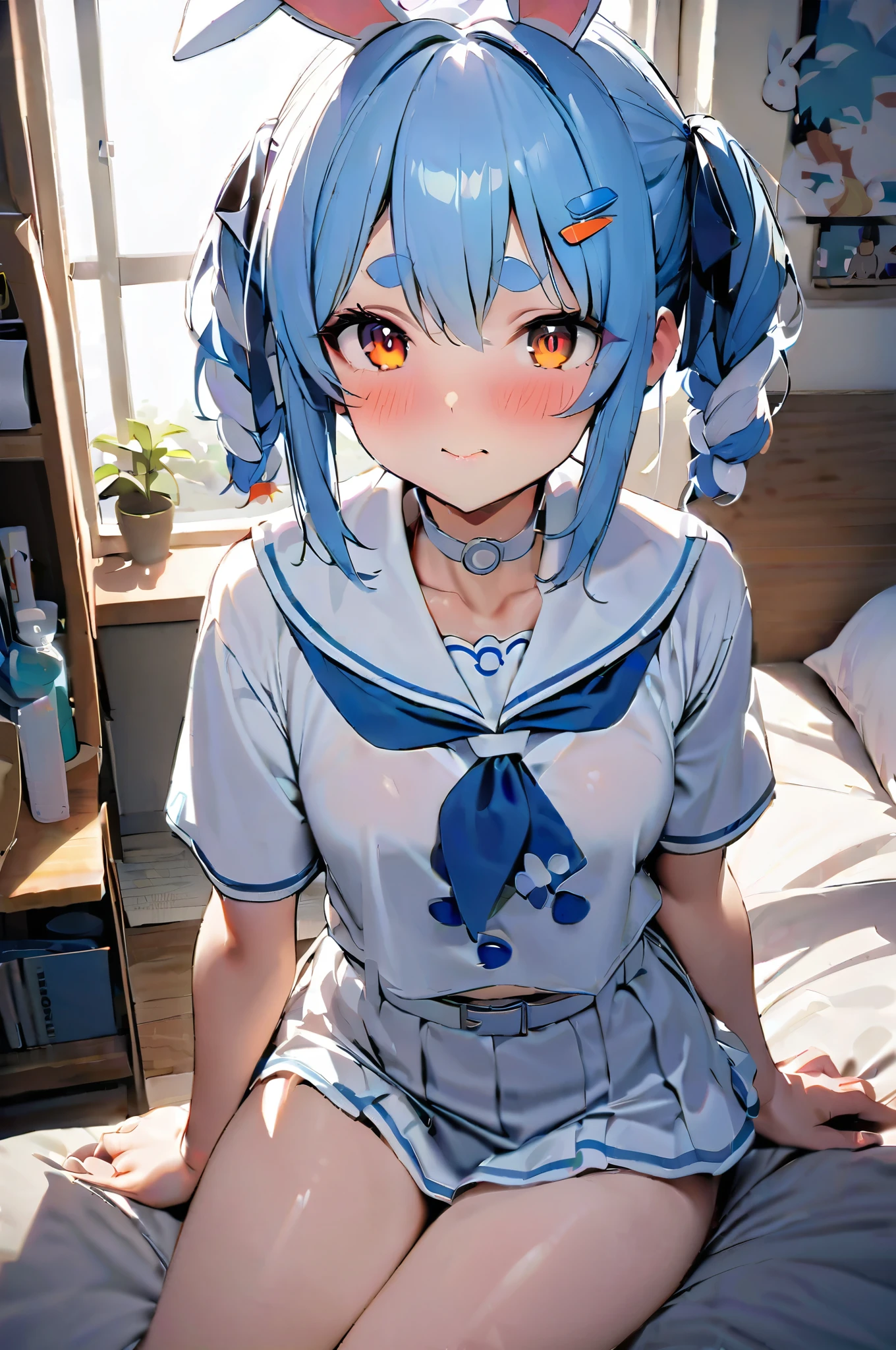 NSFW,masterpiece,Best Quality, high resolution, very detailed,Usada Pekora \( Hololive \),Orange eyes、 thick eyebrows、Bunny ears、blue hair、 short hair、 two side up 、Hair Clip、White choker、 sailor suit、Short dress、Short sleeve、 blue neckerchief、White belt, girl's room,Distributor