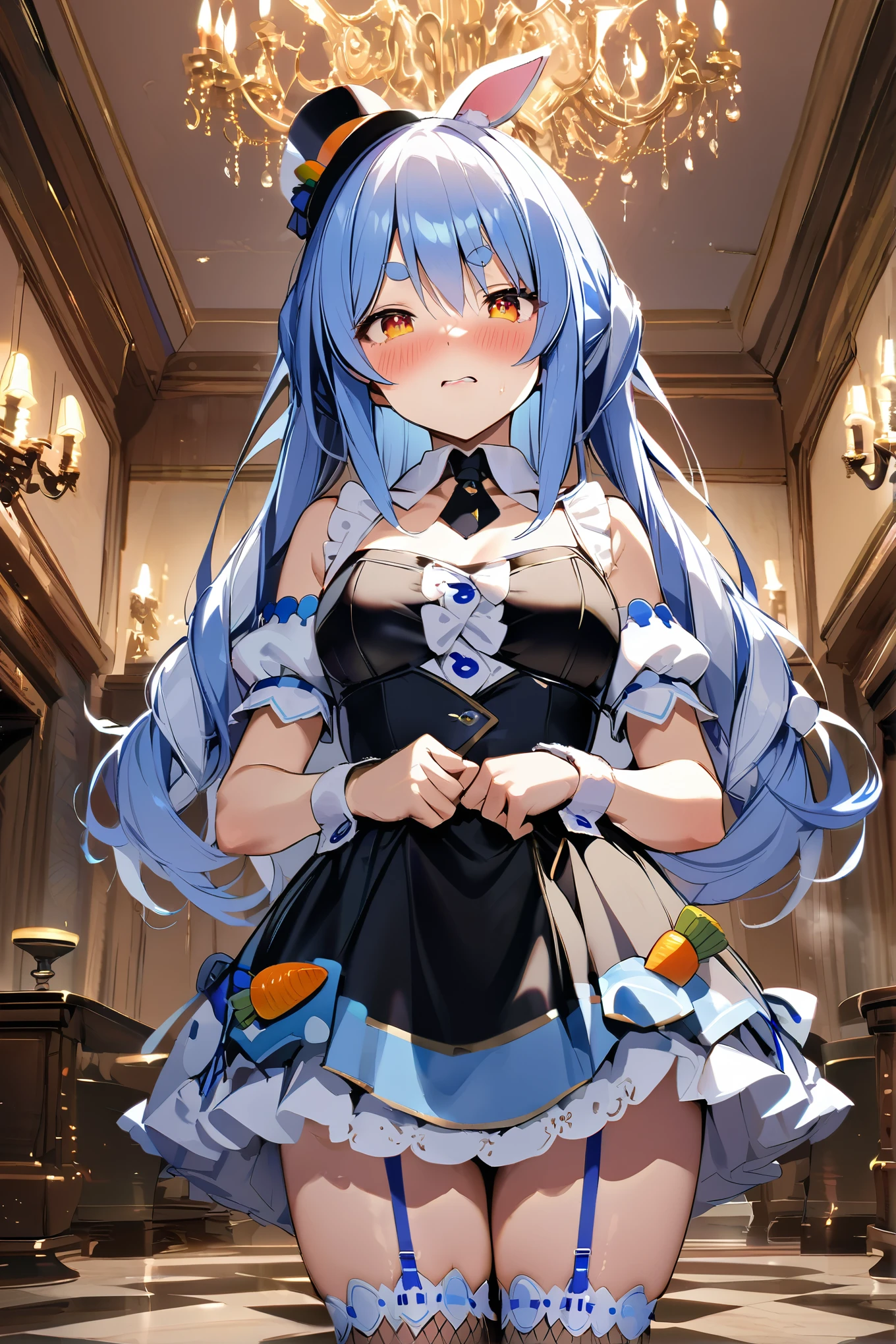 NSFW,masterpiece,Best Quality, high resolution, very detailed,Usada Pekora \( Ho****ve \), orange eyes、 thick eyebrows、False eyelashes、 black hair band、blue hair、Long Hair、mini top hat、Angled hat、 detachable collar 、short black tie、 black dress、Short dress、Sleeveless dress、 center frill 、Puffy short sleeves、 detachable sleeve 、Wrist cuffs、Blue Skirt、Fishnet stockings、 garter straps,Embarrassed,blush,bar,Luxurious mansion, chandelier