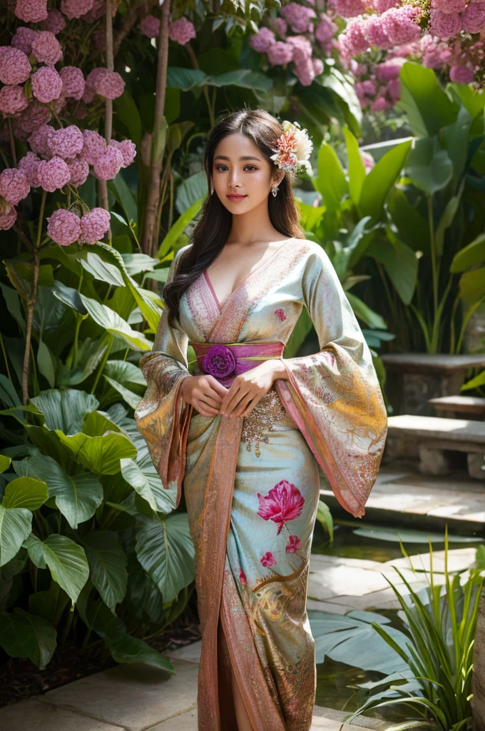 with beautiful detailed eyes and lips, traditional Balinese attire, standing gracefully in a vibrant garden. The illustration captures the intricate details of her dress, highlighting the vibrant colors and patterns. The masterful rendering brings out the realism in the girl's expression, showcasing her serene and elegant demeanor. The high-resolution image showcases the finest details of the artwork, allowing viewers to appreciate the artist's skill and craftsmanship. The lighting in the scene accentuates the girl's features, casting soft, warm highlights on her face. The artwork portrays the Balinese girl as the focal point, capturing her in a moment of tranquility amidst the lush greenery of the garden. The overall color palette evokes a sense of vibrancy and liveliness, showcasing the beauty of Balinese culture and its connection with nature. The masterpiece-quality illustration offers a captivating and immersive visual experience, making it a perfect choice for a stunning 8K wallpaper or a fine art print.