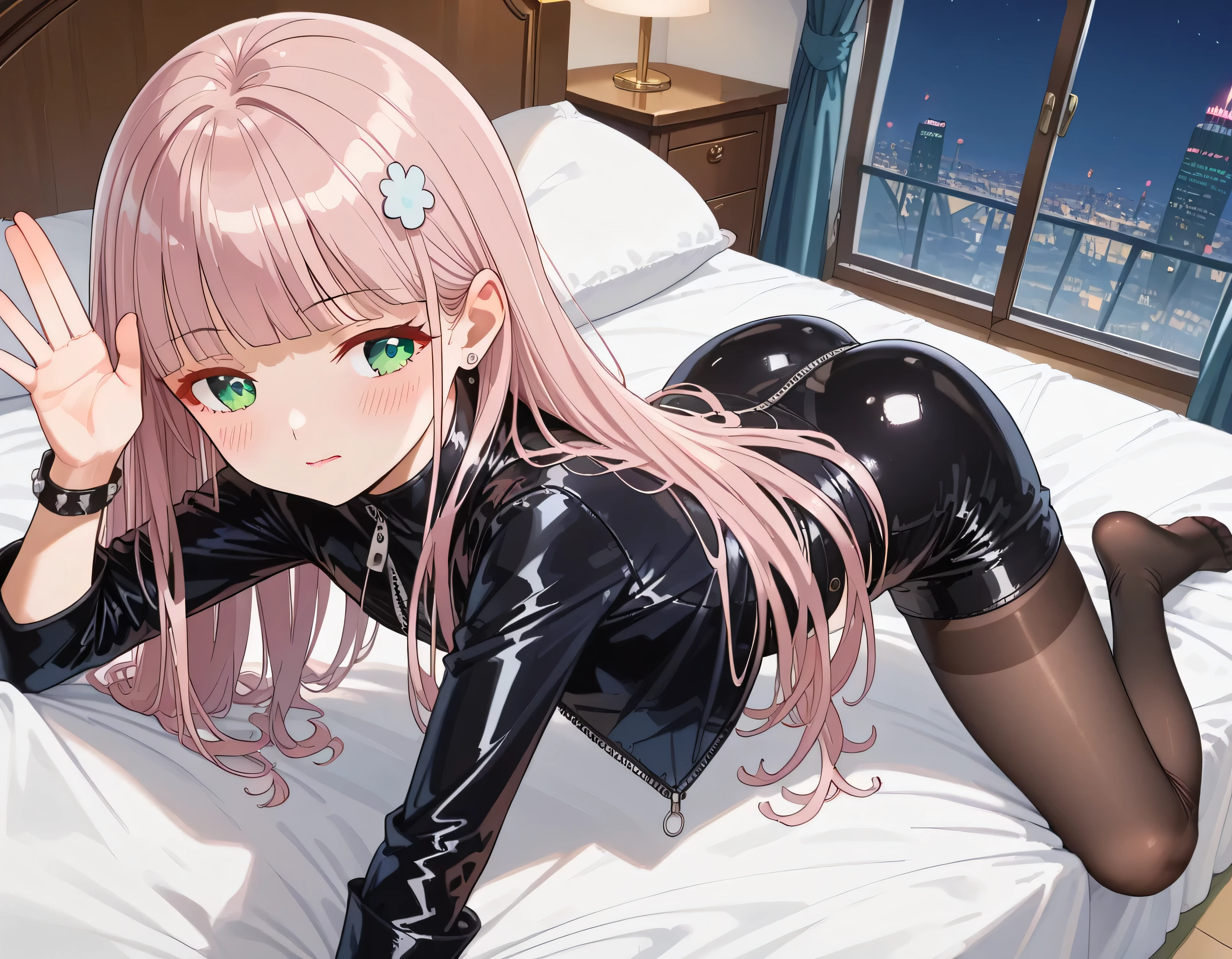 luzao\(EOE\),one girl,solo,best quality, masterpiece, ,,break,1girl,(at room,bed,blur background),,break, super detailed skin,very high resolution, very aesthetic, by famous artist, 8k, 16k,,beauty illustration,photoshop_(small),,(night,weak Lighting),best wallpaper,(green eyes:1.2,half-closed eyes),(pearl-pink hair|Detailed hair|blunt bangs|shiny hair|long hair),(black latex zipper,long sleeves,white pantyhose),(waving,blush),doggy,from above,,show butt,white bracelet,unaestheticXL_bp5, (negative_v2 Color_Balance_Calibration:0.8), aidxlv05_neg