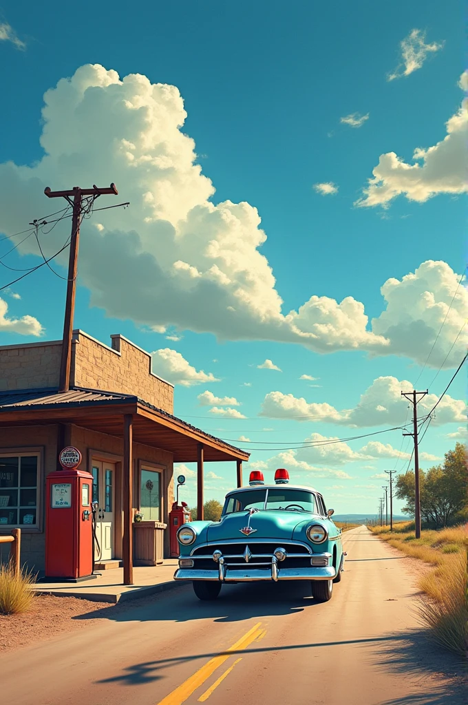 
America anilor 1960, route 66 ,  rural gas station , vintage police car,  summer sky ,  white puffy cumulus clouds ,  mirage on the road ,  professional room ,  professional lighting , pictură detaliată, A photo realist,  vibrant colors ,  warm tones , Dramatic lighting,  cinematic composition ,  nostalgic atmosphere , textură grunge, Americana,  slice of life ,  environmental portrait 