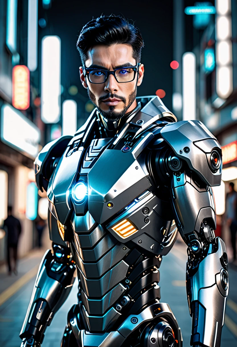 an ultra handsome dark-haired cyborg man with glasses, perfect android man, beautiful robot character design, simplified futuristic armor,  black hair , short beard, SLR Lighting, SLR camera, ultra quality, sharpness,  depth of field , film grain (center), Fujifilm XT3, Crystal clear, frame center, serious face, sharp focus,  full body image , Front pose, realistic, futuristic city, cyborg face