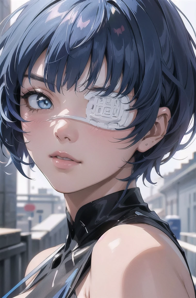 he-he-he®, (Remu Shimei, 1 girl, beautiful detailed eyes, beautiful detailed lips, extremely detailed eyes and face, long eyelashes, blue hair, short hair, (eyepatch: 1,2), blush), 1 girl,   Mature Woman, Beautiful Body, Beautiful nose,  Beautiful character design , beautiful eyes, perfect face, expressive eyes ,  looking at the viewer ,  official art ,чрезвычайно подробные обои CG Unity 16k,  perfect lighting ,Colorful, bright_Front_face_Lighting fixtures,shiny skin, (masterpiece:1.0),(best_quality:1.0), сверх High resolution,4K,  ultra-detailed , photo, 16K, HDR,  High resolution, absurdity:1.2,  blurred background, hips:1.2, lens glare, (bright_color:1.2), (Beautiful_face:1.5),(narrow_waist),  full height ,  full length,  Exquisite visual effects ,  High resolution, masterpiece, best quality,  big boobs, костюм with a veinа, marvel, flushed face, early morning,, with a vein, parasite , 