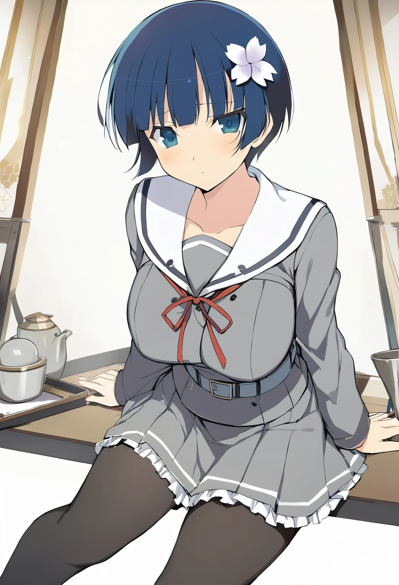 masterpiece, best quality, 
yozakura (senran kagura), 1girl, solo, short hair, blue hair, blue eyes, large breasts, hair ornament, hair flower, 
flower, emblem, 
white background, looking at viewer, 

Yozakura_School, , white sailor collar, grey jacket, black buttons, grey skirt, skirt frills, neck ribbon, grey belt, black pantyhose, grey loafers, 