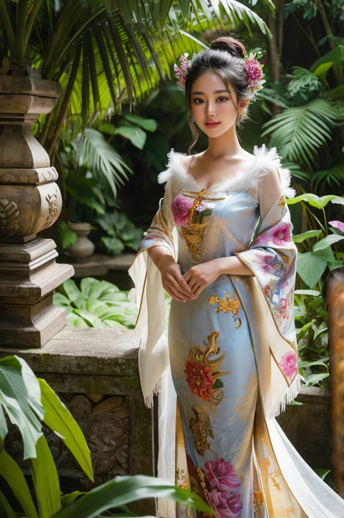 with beautiful detailed eyes and lips, traditional Balinese attire, standing gracefully in a vibrant garden. The illustration captures the intricate details of her dress, highlighting the vibrant colors and patterns. The masterful rendering brings out the realism in the girl's expression, showcasing her serene and elegant demeanor. The high-resolution image showcases the finest details of the artwork, allowing viewers to appreciate the artist's skill and craftsmanship. The lighting in the scene accentuates the girl's features, casting soft, warm highlights on her face. The artwork portrays the Balinese girl as the focal point, capturing her in a moment of tranquility amidst the lush greenery of the garden. The overall color palette evokes a sense of vibrancy and liveliness, showcasing the beauty of Balinese culture and its connection with nature. The masterpiece-quality illustration offers a captivating and immersive visual experience, making it a perfect choice for a stunning 8K wallpaper or a fine art print.