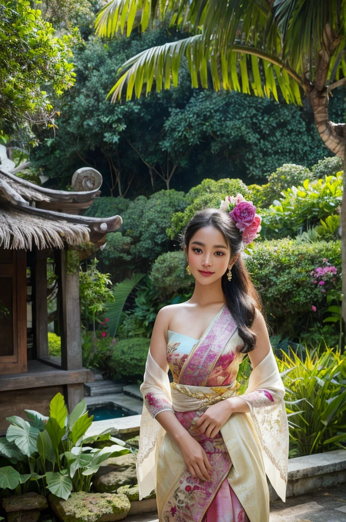 with beautiful detailed eyes and lips, traditional Balinese attire, standing gracefully in a vibrant garden. The illustration captures the intricate details of her dress, highlighting the vibrant colors and patterns. The masterful rendering brings out the realism in the girl's expression, showcasing her serene and elegant demeanor. The high-resolution image showcases the finest details of the artwork, allowing viewers to appreciate the artist's skill and craftsmanship. The lighting in the scene accentuates the girl's features, casting soft, warm highlights on her face. The artwork portrays the Balinese girl as the focal point, capturing her in a moment of tranquility amidst the lush greenery of the garden. The overall color palette evokes a sense of vibrancy and liveliness, showcasing the beauty of Balinese culture and its connection with nature. The masterpiece-quality illustration offers a captivating and immersive visual experience, making it a perfect choice for a stunning 8K wallpaper or a fine art print.