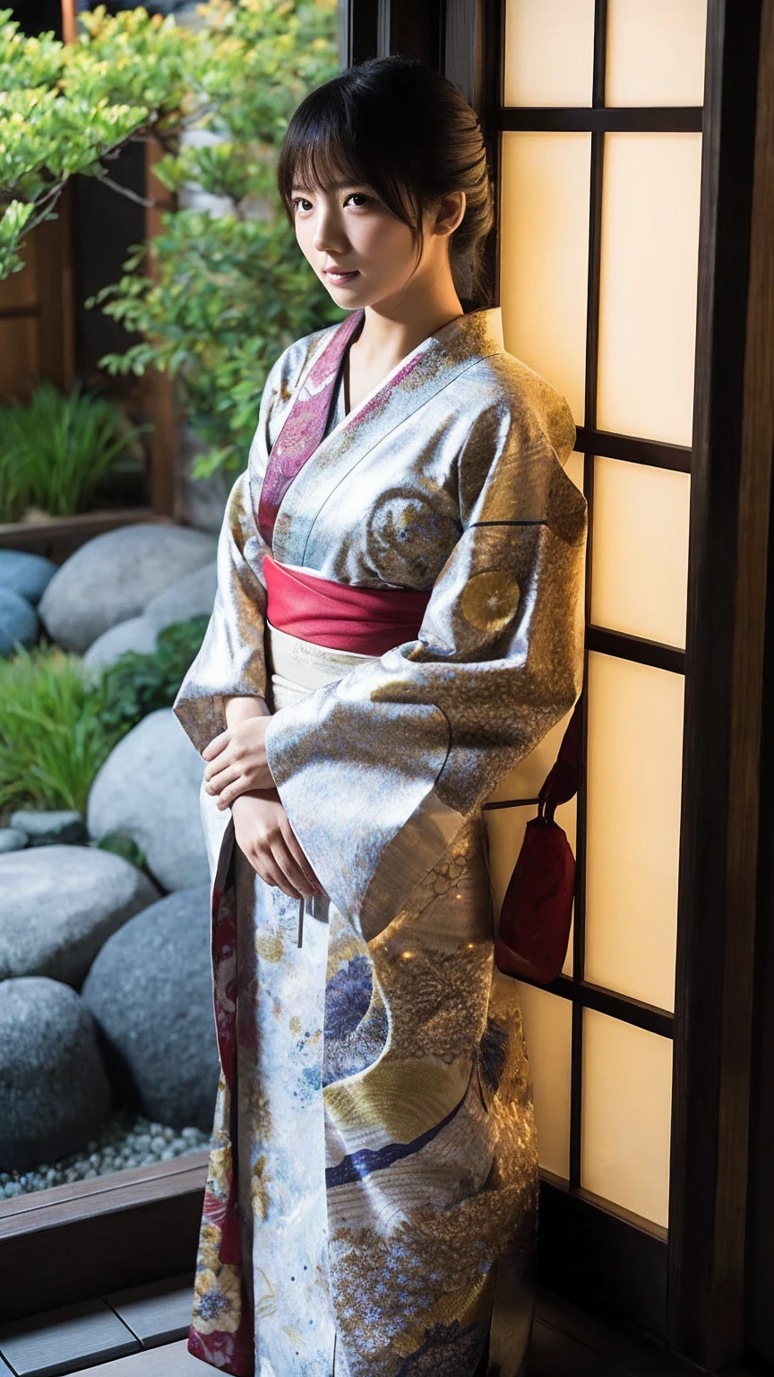  Japanese Women、 slender figure、 beautiful skin in NFSW、whole body、Best Quality、 ultra high resolution、 beautiful and elaborate face that sparkles in the eyes、 fine and beautiful skin、 skin texture、yukata、Standing by the window、night、A Japanese garden can be seen from the window、saitokyoko