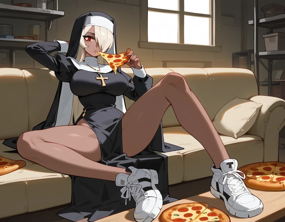 masterpiece, 4k, details, extreme details, high resolution , skullgirl art style , 1 woman , brown skin , white long hair, red eyes, hair cover one eye , mischievous face , nun costume , large breasts , leg slit dress , long legs , sneakers , hand behind head , one hand holding pizza , eating pizza , set on sofa , spread legs , abandoned factory 