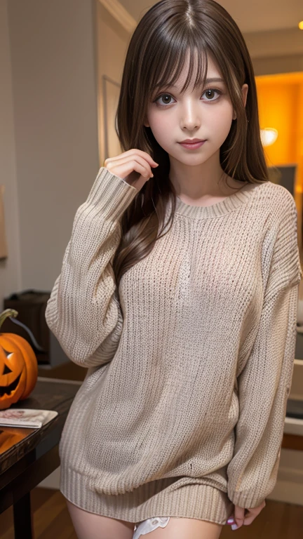 8k high definition quality、A room decorated for Halloween、halloween sweater, Cute Sweater、state of the art coffee maker、 cute high school girl