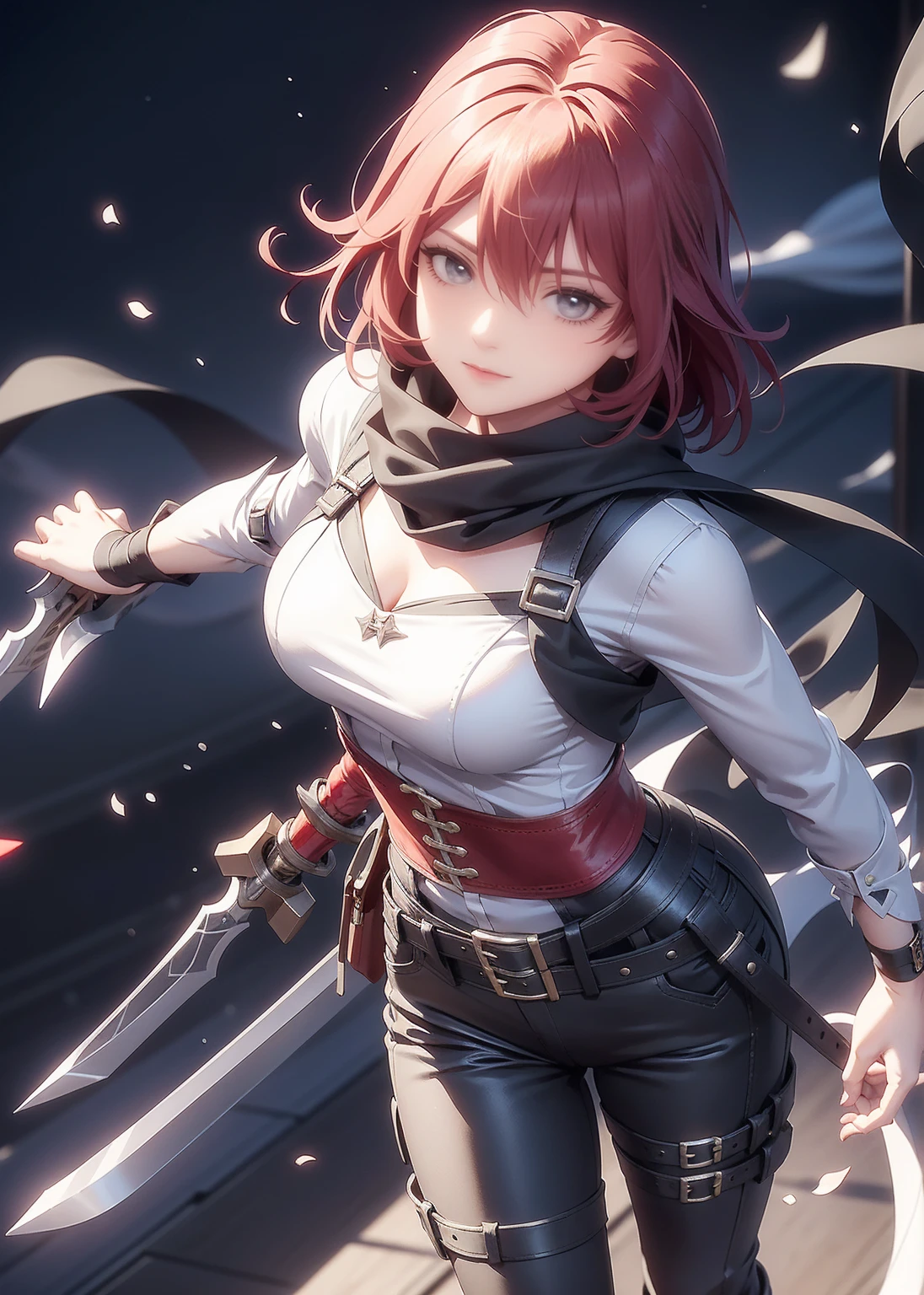 (masterpiece, highest quality, super detailed, best shadow), (detailed background,dark fantasy), (beautiful and detailed face), high contrast, (best illumination, very delicate and beautiful), ((cinematic light)), colorful, hyper detail, dramatic light, intricate details, (1 girl, alone,Red hair, two-tone colors, short bob, sharp face,purple eyes, hair between eyes,dynamic angle, big breasts), Black light swirling around the character, Depth of the bounds written,black light particles,(warrior, White one-piece military uniform, woman, look ahead, accurate hands, perfect five fingers, shoot from above, cheerfulness, smile, absolutely beautiful girl, ruddy skin, half naked