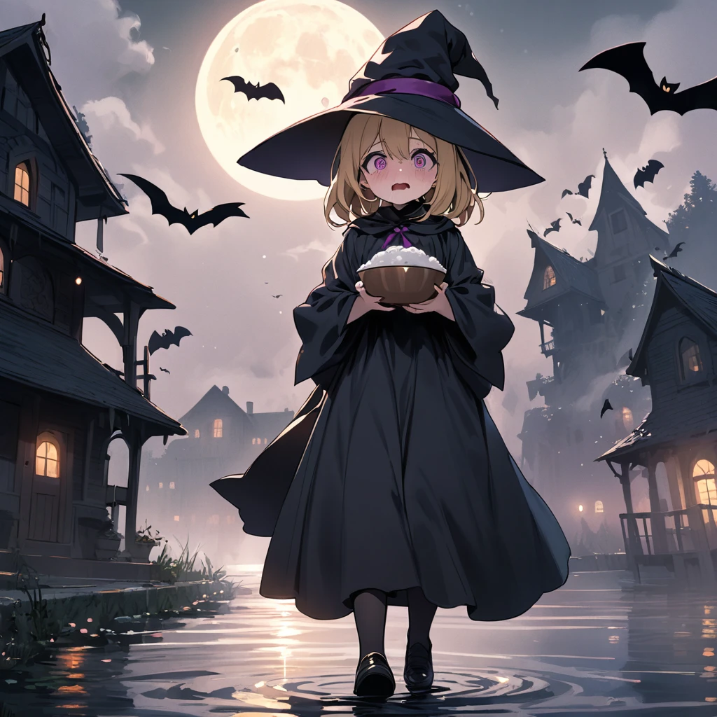 (masterpiece, best quality, hyper detailed:1.4), cute, dark colors, thick fog,
1girl, short, slender, fair skin, blonde medium hair, ponytail, big droopy eyes, magenta eyes,
Witch Costume, Witch Hat,
Suspicious House, lake, night, Crescent Moon, Swarm of bats,
(Holding a bowl in both hands), (fear, sobbing:1.2),
walking, looking at away, cowboy shot, from side, from below,