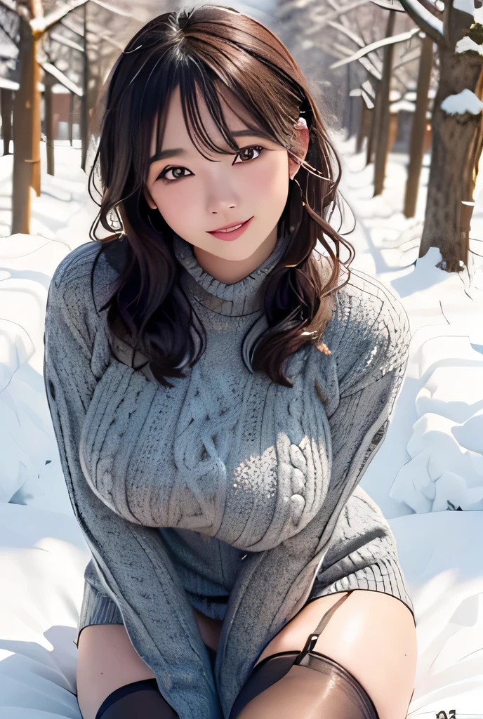 (highest quality,masterpiece:1.3,Ultra-high resolution),(Very detailed、Caustics) (Realistic:1.4, RAW shooting、)Ultra-Realistic Capture、Very detailed、Natural skin texture、masterpiece、(One Japanese girl wearing a gray long cable knit sweater and black stockings:1.3)、Adorable expression、Expressions of Happiness、、Young Face、Amazingly cute、Grey knitted hat、Curly Hair、Black Hair、light makeup、Busty and bursting、Shining thighs、Shooting in the winter forest、Snow Scene、smile、An inviting gaze、Cowboy Shot、Anatomically correct、Attention to detail、amazing sapraizz, dynamic production, cinematic lighting, extremely fine and beautiful colors  ,extremely beautiful and fain design  ,