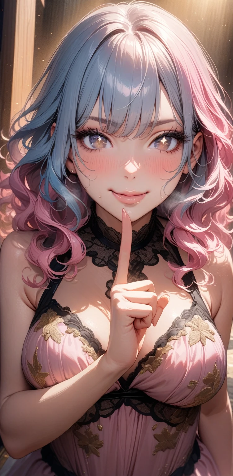 （pastel blue hair color:1.8）.（a side ponytail:1.3）、steam.wet. drools、   embarrassing expression   、 composition focusing on the face  、nsfw.（Highly detailed transparent embroidered lingerie :1.3）、1 female, (  focuses on the chest , Pointing in front of the mouth   :1.2),     A woman with a gentle expression places her index finger on her mouth "Quiet" Pose,   hair color in soft pink and beige shades ,   natural light creates shadows that are gentle on the face,   soft wavy hair and smooth skin , Warm light shines in,  A little star shining in your eyes ,   long eyelashes , Soft lip lines, Natural three-dimensional effect,  gentle smile, ((masterpiece)), ((  highest quality )), (  very detailed ), (  very detailed )), 4K, (8k),   so beautiful,  absurd,  Kampala ,