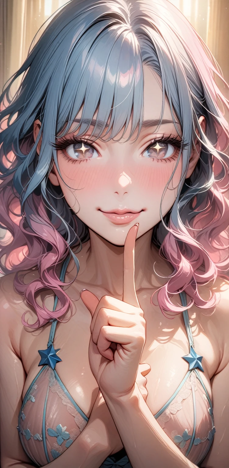 （pastel blue hair color:1.8）.（a side ponytail:1.3）、steam.wet. drools、   embarrassing expression   、 composition focusing on the face  、nsfw.（Highly detailed transparent embroidered lingerie :1.3）、1 female, (  focuses on the chest , Pointing in front of the mouth   :1.2),     A woman with a gentle expression places her index finger on her mouth "Quiet" Pose,   hair color in soft pink and beige shades ,   natural light creates shadows that are gentle on the face,   soft wavy hair and smooth skin , Warm light shines in,  A little star shining in your eyes ,   long eyelashes , Soft lip lines, Natural three-dimensional effect,  gentle smile, ((masterpiece)), ((  highest quality )), (  very detailed ), (  very detailed )), 4K, (8k),   so beautiful,  absurd,  Kampala ,