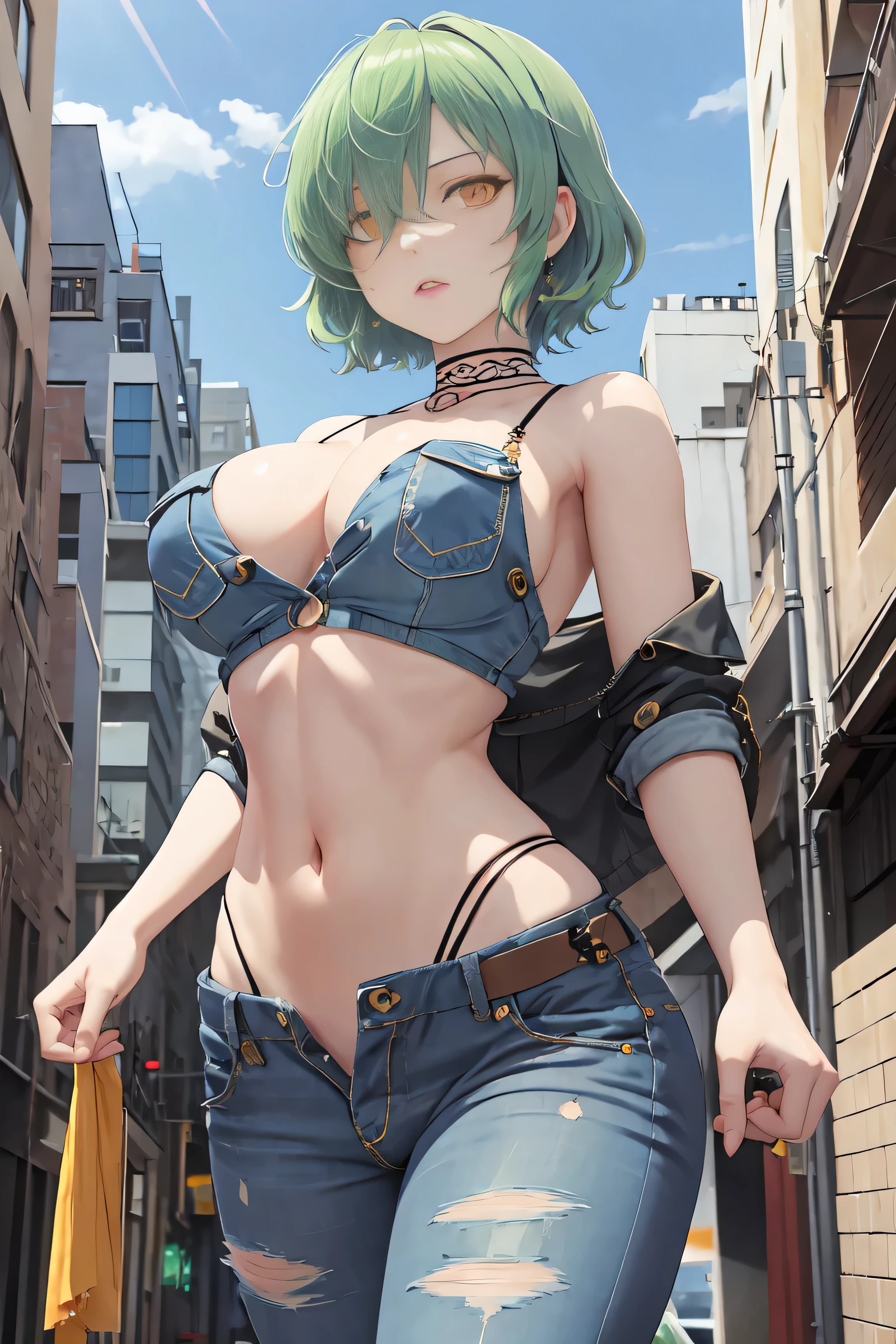 masterpiece, best quality, otthrone, hair over one eye, choker, denim , looking at viewer, from below, serious, cityscape large breasts, trouser buttons open, yellow eye, green short hair