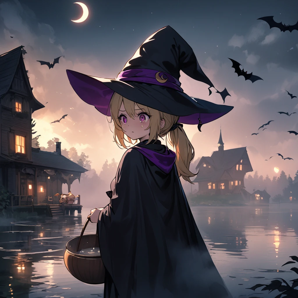 (masterpiece, best quality, hyper detailed:1.4), cute, dark colors, thick fog,
1girl, short, slender, fair skin, blonde medium hair, ponytail, big droopy eyes, magenta eyes,
Witch Costume, Witch Hat,
Suspicious House, lake, night, Crescent Moon, Swarm of bats,
(Holding a bowl in both hands), (fear, sobbing:1.2),
standing, looking back, cowboy shot, back shot,