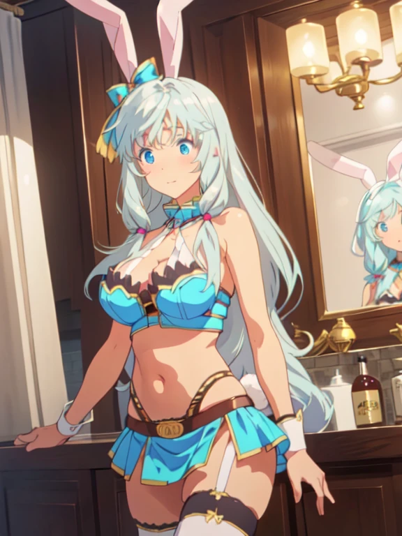 (best quality, masterpiece:1.2), cowboy shot, ultra detailed, 1girl,  shea haulia, BREAK, shea haulia, rabbit girl, aqua hair, silver hair, light blue hair, blue hair, sidelocks, eyebrows visible through hair, very long hair, hair between eyes, blue eyes, aqua eyes, large breasts, rabbit ears, rabbit tail
shea haulia, season-two, rabbit girl, aqua hair, silver hair, light blue hair, blue hair, sidelocks, eyebrows visible through hair, very long hair, hair between eyes, blue eyes, aqua eyes, large breasts, rabbit ears, rabbit tail, blue bikini, bikini top, front-tie top, gold trim, hair ribbon, hair bow, blue ribbon, hair ornament, halterneck, detached collar, brooch, blue skirt, miniskirt, microskirt, pleated skirt, bikini skirt, showgirl skirt, underwear, white panties, highleg panties, wrist cuffs, detached sleeves, belt, thigh strap, leg garter, single thighhigh, uneven legwear, white legwear, frills, blue footwear, high heel boots, bare shoulders, cleavage, midriff, BREAK, chica coneja, ojos azules brillantes, ojos detallados , pestañas largas, orejas de coneja, cabello brillante, piel brillante, blue hair, big breasts, muslos, caderas anchas, covered nipples, blue miniskirt, viendo al espectador seductoramente, smiling, pose sexy, seductora chica, viendo al espectador en forma seductora, en lo alto de un acantilado de día.