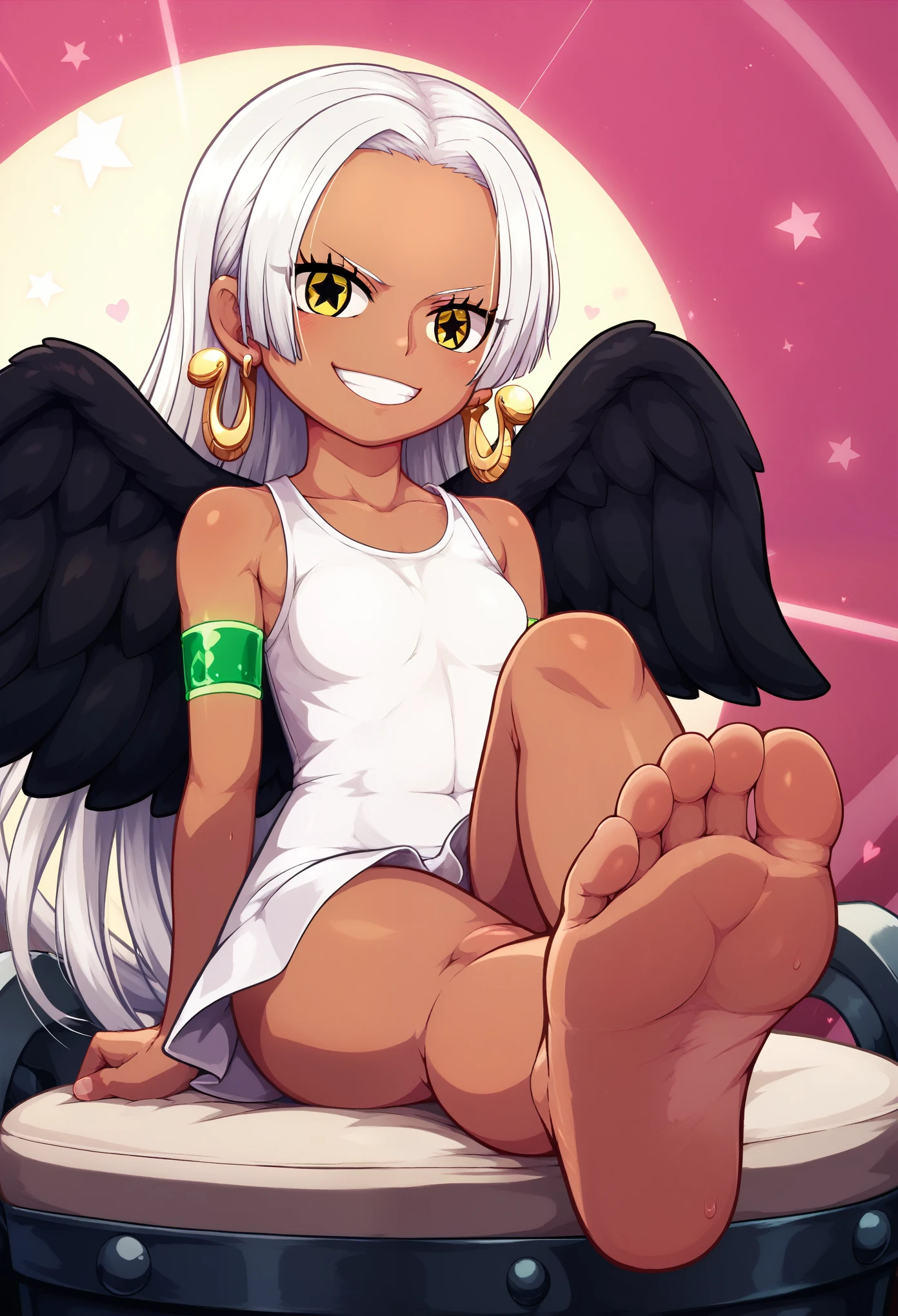  wallpaper,A woman is sitting on a chair， looks up， Best Quality,  very detailed, masterpiece,  very detailed, Illustration, null, foot focus ,  smirk ， barefoot，The soles of the feet tend to sweat，Very high，aasnake, long hair, white hair, dark skin, earrings, yellow eyes, symbol-shaped pupils, black wings, small breasts. sundress, white dress, sleeveless, armlet