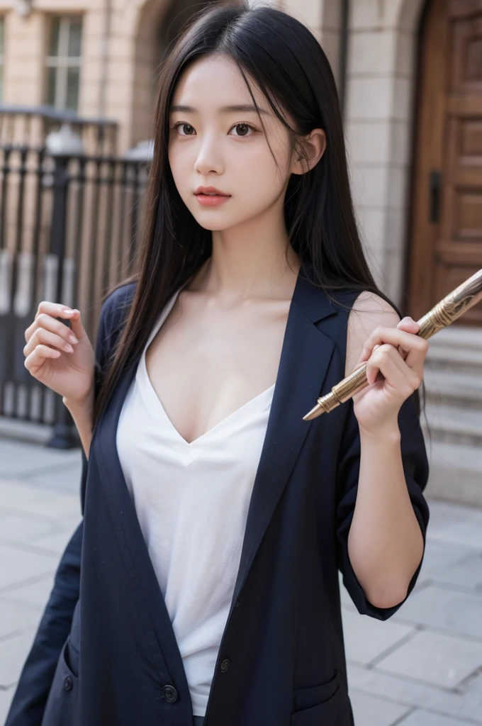 ８k、 high definition、 ultra detail、 Photorealistic、Realisticで正確な描写、Realisticで正確な人体構造、 high resolution、Best Quality、Young female student, photo shoot, Wearing a Hogwarts uniform, Hogwarts University in the background, Detailed skin,  detailed hair, Detailed face, , Realistic, Forward-facing eyes,  holding a magic wand , Original photo、Ravenclaw、 natural makeup、Perfect beautiful girl、whole body、clear､ small breasts、Beautiful breasts、