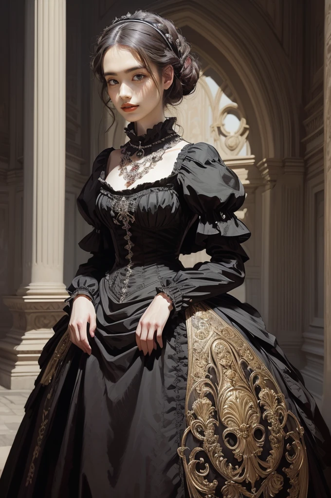  Classical Paintings , ((portrait: 1.3)),  a girl in a black dress ,  a formal Victorian style dress, ( Victorian evening dress : 1.3),  This dress has a stand-up collar ,  a 25-year-old young girl ,  Pale Skin , slim, Monochrome image，Embellished ,  red ruby necklace ,