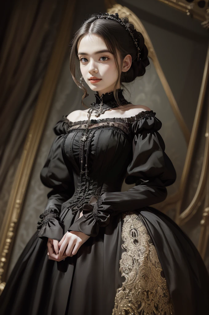  Classical Paintings , ((portrait: 1.3)),  a girl in a black dress ,  a formal Victorian style dress, ( Victorian evening dress : 1.3),  This dress has a stand-up collar ,  a 25-year-old young girl ,  Pale Skin , slim, Monochrome image，Embellished ,  red ruby necklace ,